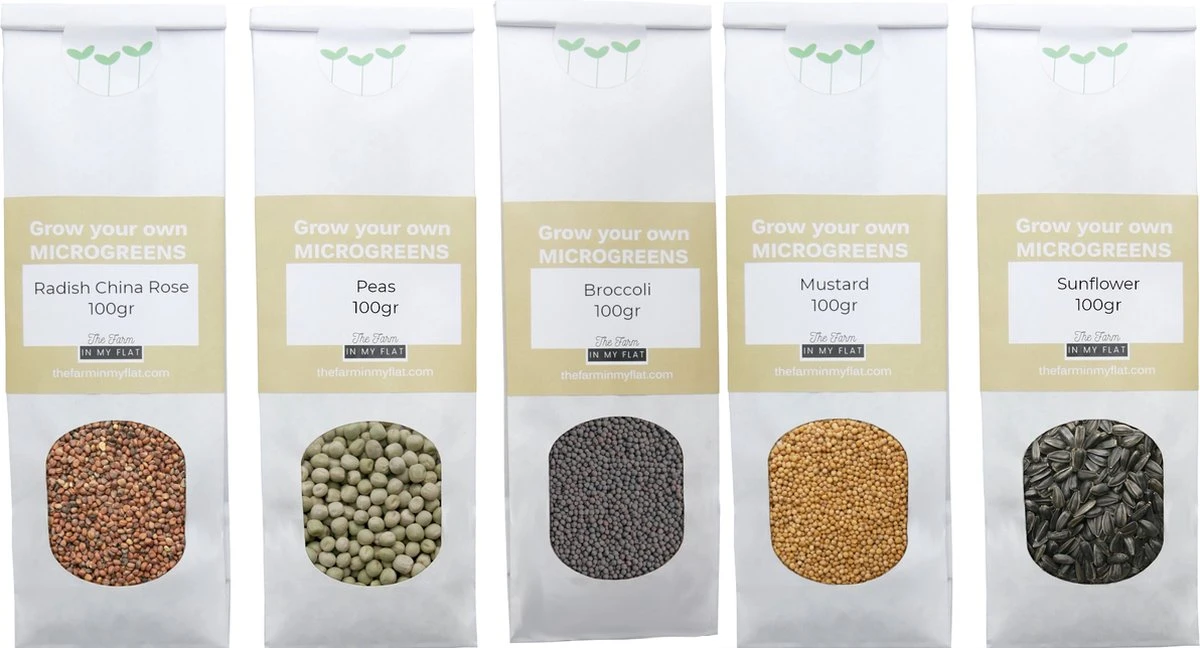 Variatie-set Kiemzaden 5x 100g | Broccoli, Erwten Scheuten, Zonnebloem, Radijs & Mosterd - 500g | Biologische Microgreen, Microgroenten Zaden | Plastic Vrij Verpakt | Moestuin Kweekset Binnen 1 Variatie-set Kiemzaden 5x 100g | Broccoli, Erwten Scheuten, Zonnebloem, Radijs & Mosterd - 500g | Biologische Microgreen, Microgroenten Zaden | Plastic Vrij Verpakt | Moestuin Kweekset Binnen