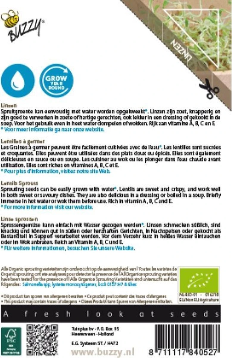 Buzzy Zaden - Kiemgroente Linzen BIO 30 Gram 2 Buzzy Zaden - Kiemgroente Linzen BIO 30 Gram - Afbeelding 2